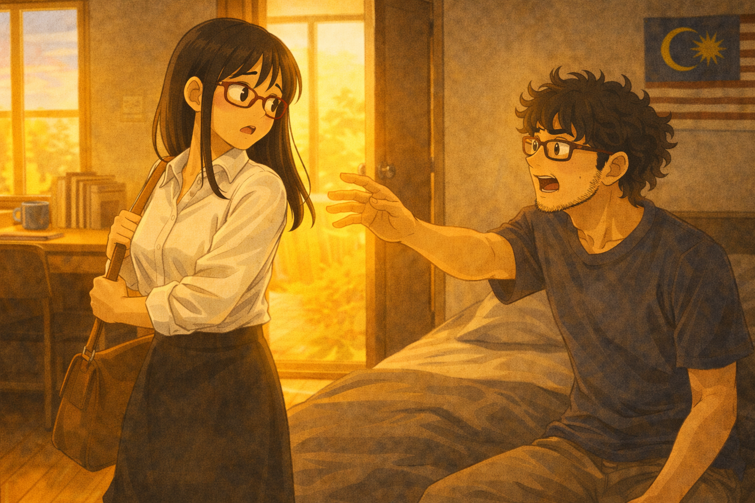 Monday morning again — Faris reaching toward Mia from the bed, mouth open. She turns back, surprised. The moment the emotional wall finally broke.